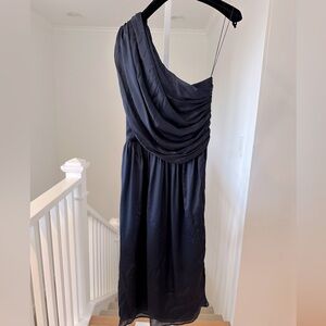 100% Silk Rachel Roy Dark Navy Blue One Shoulder Dress Small Like New